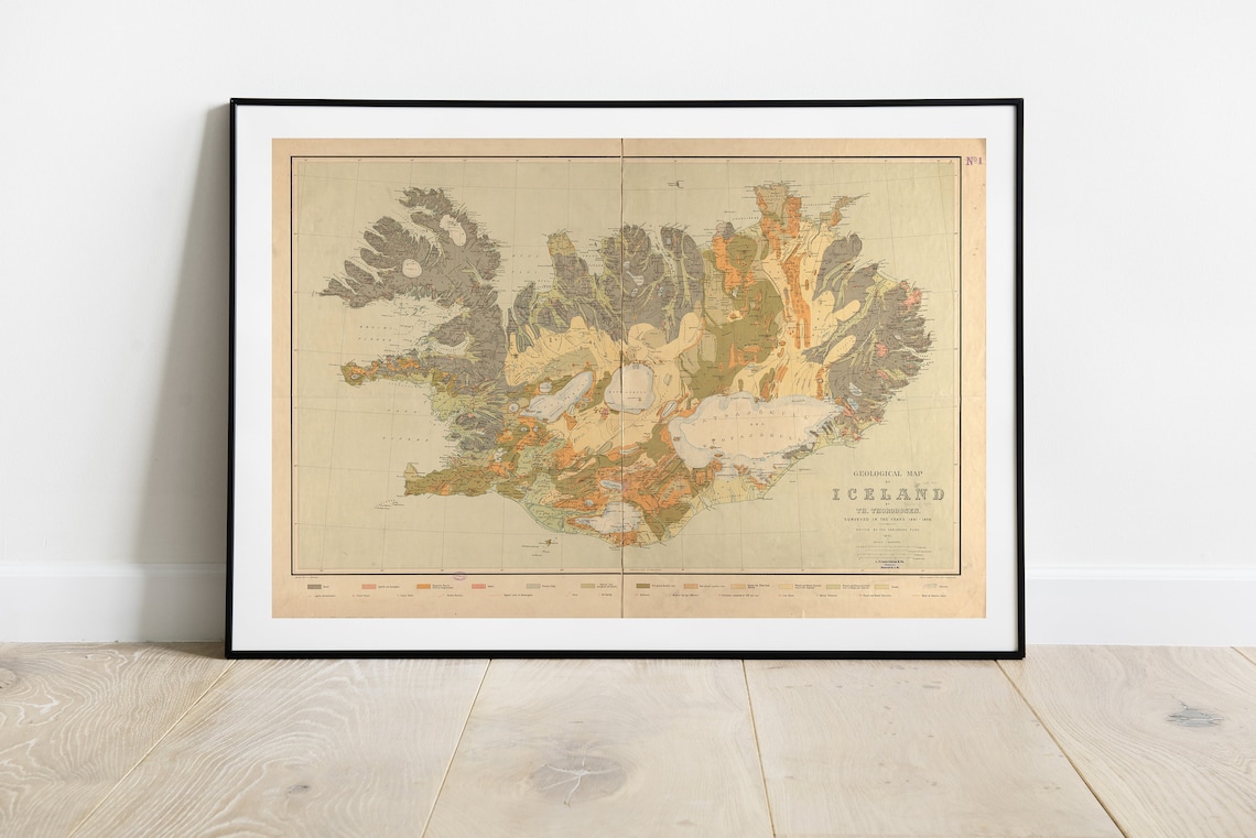 Vintage Geological Map of Iceland Antique Cartography Art Print