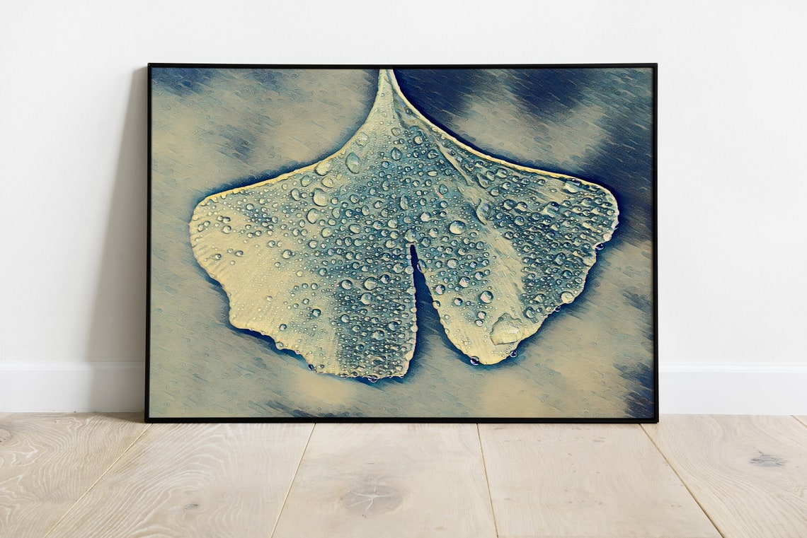 Ginkgo Leaf Covered In Dew Drops Painterly Botanical Wall Art