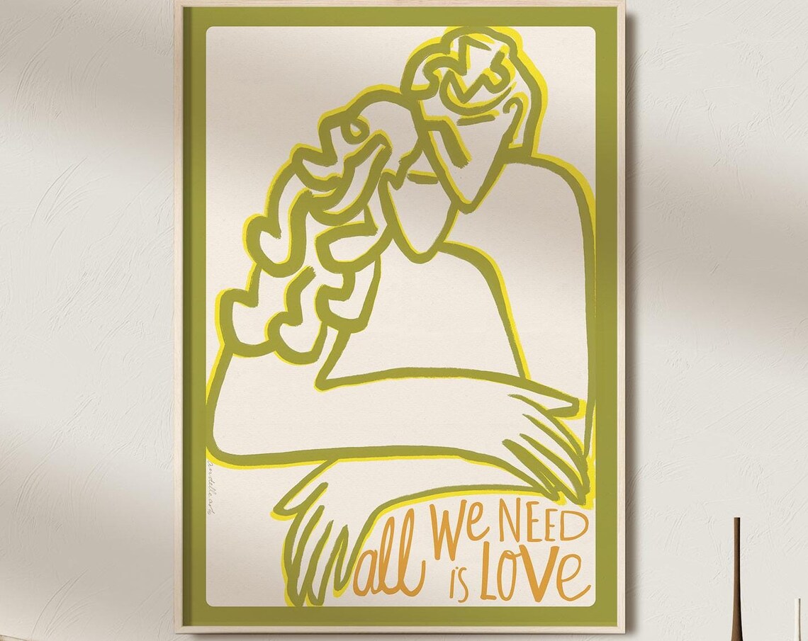 All We Need Is Love Embracing Couple Olive Green Line Art Poster