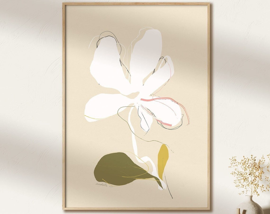 White Peony Minimalist Flower Line Sketch Botanical Wall Art