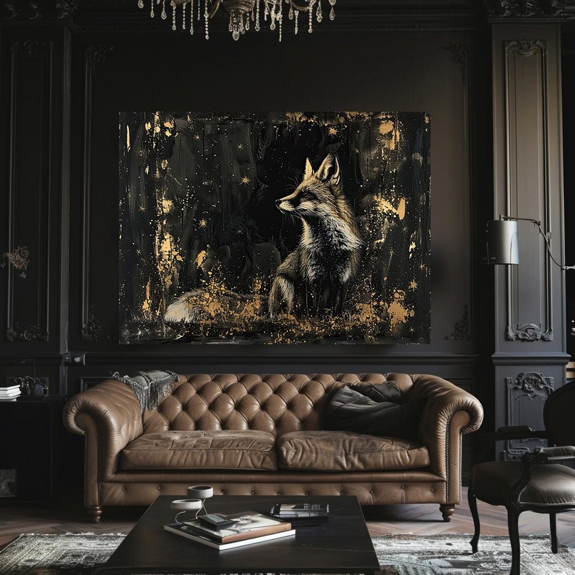 Fox Profile In A Gold And Black Starry Forest Painting Poster - Image 2