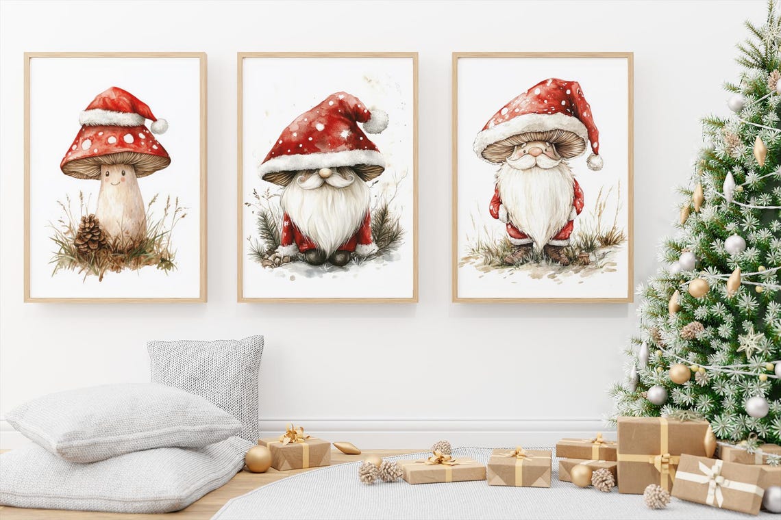 Smiling Mushroom Wearing A Santa Hat Christmas Watercolor Poster - Image 2