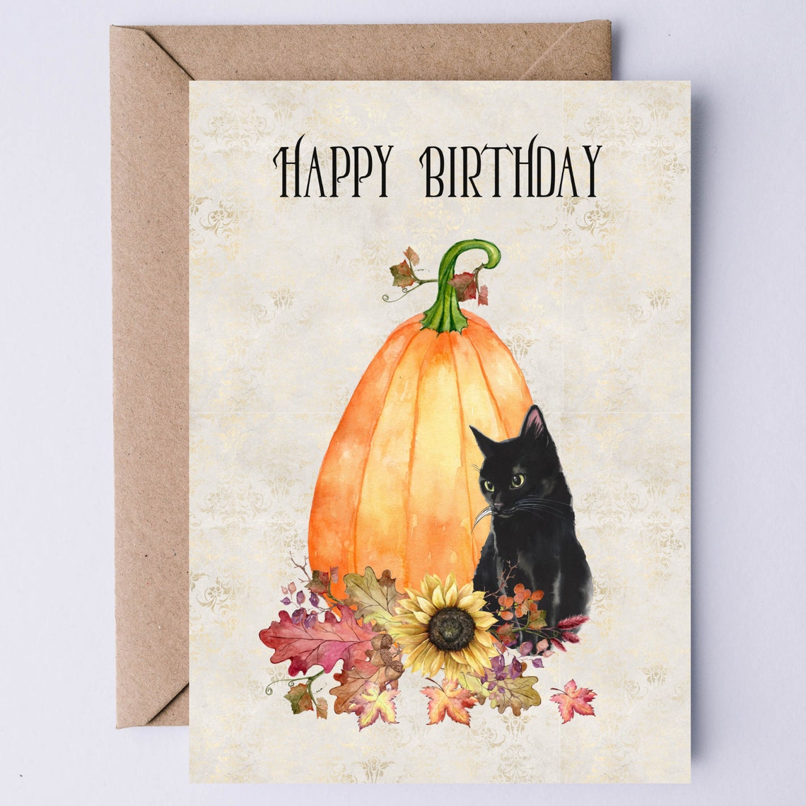 Happy Birthday Pumpkin Black Cat Sunflower Autumn Floral Card
