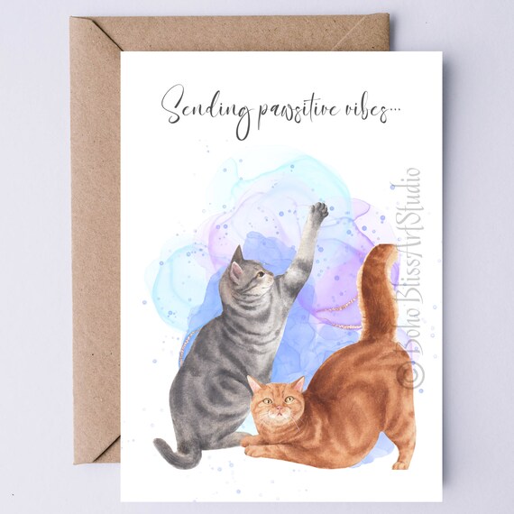 Sending Pawsitive Vibes Two Cats Watercolor Sympathy Cat Lover Card Print
