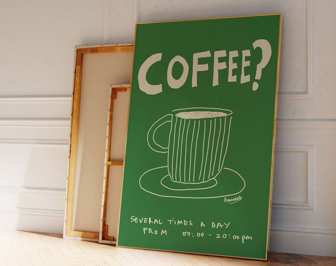 Coffee Hand Drawn Retro Green Kitchen Quirky Daily Decor Print