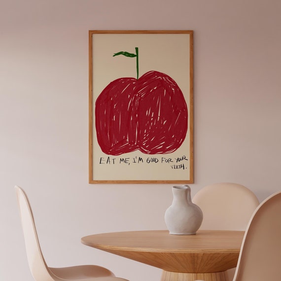 Eat Me Wall Art Apple Poster Kitchen Decor Funky Fruit Print Mid Century Art