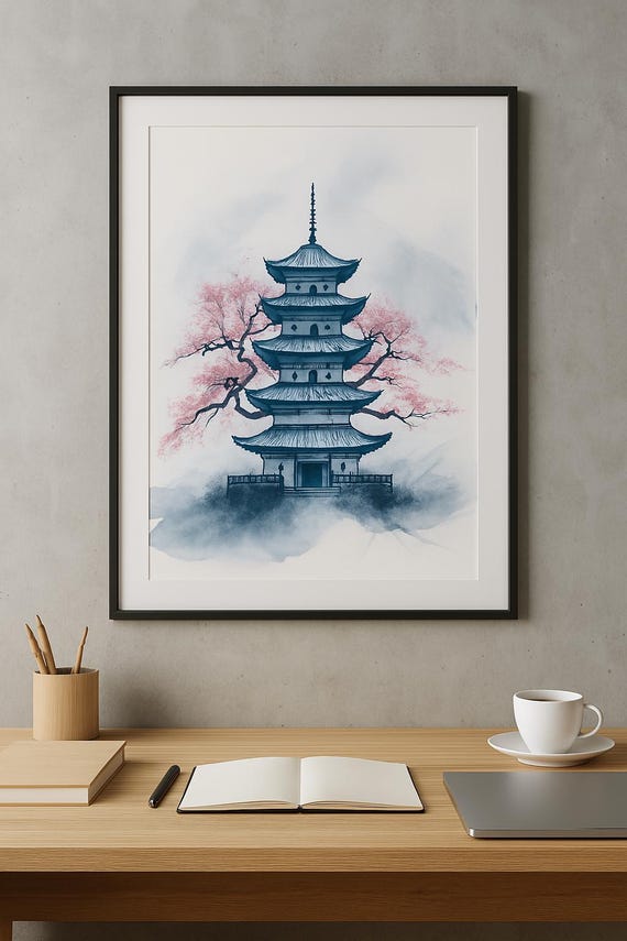 Minimalist Japanese Pagoda, Cherry Blossom Ink Painting