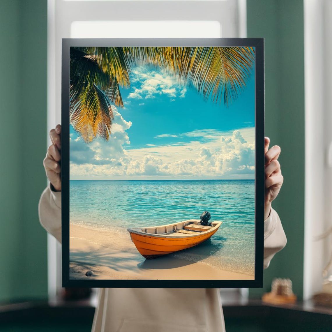 Orange Fishing Boat On Tropical Beach Under Palm Fronds Poster - Image 5