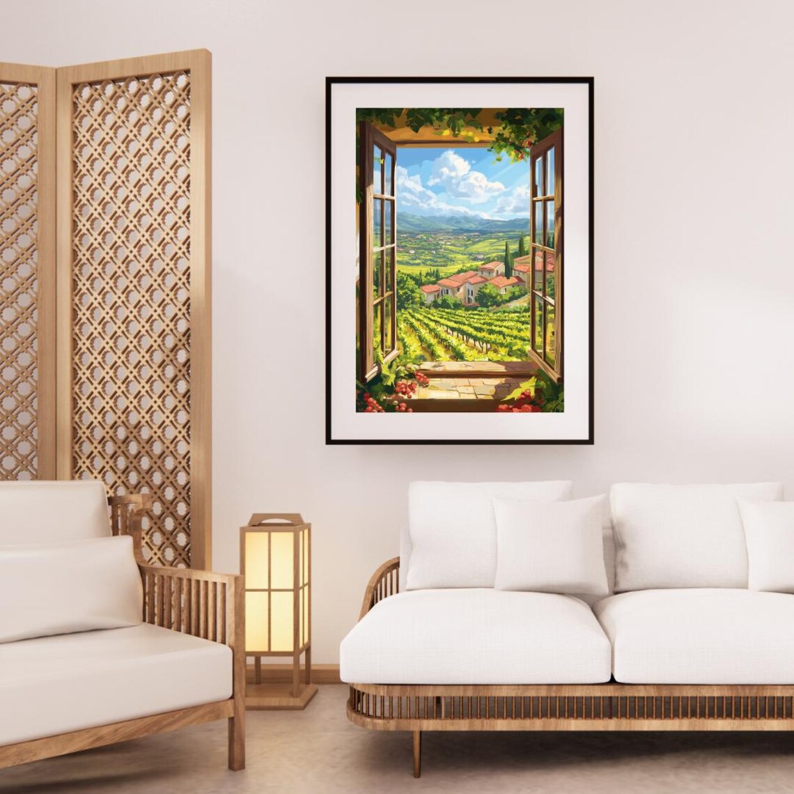 Open Window Overlooking Tuscan Village Vineyards And Mountains Poster - Image 3