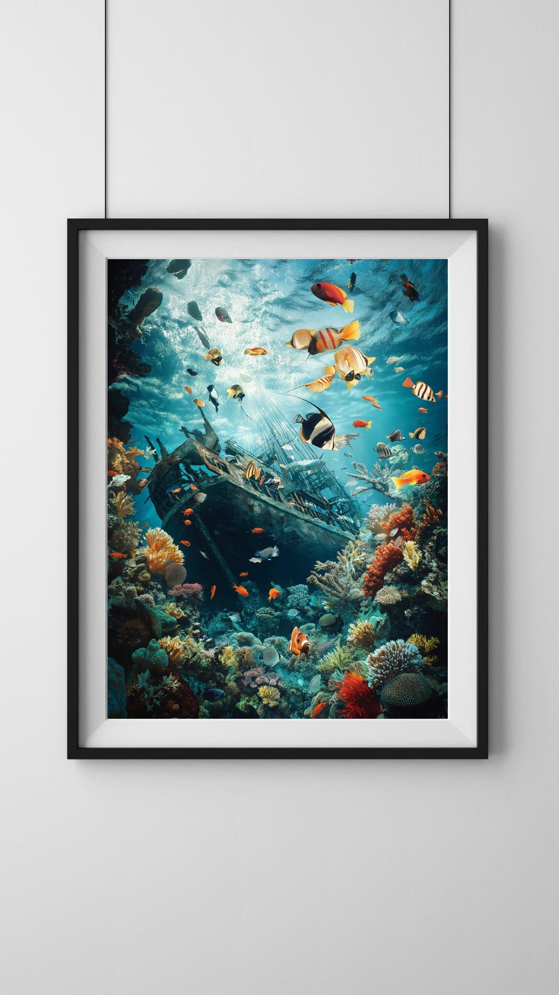 Sunken Ship Hull On Coral Reef With Tropical Fish Sunlight Poster