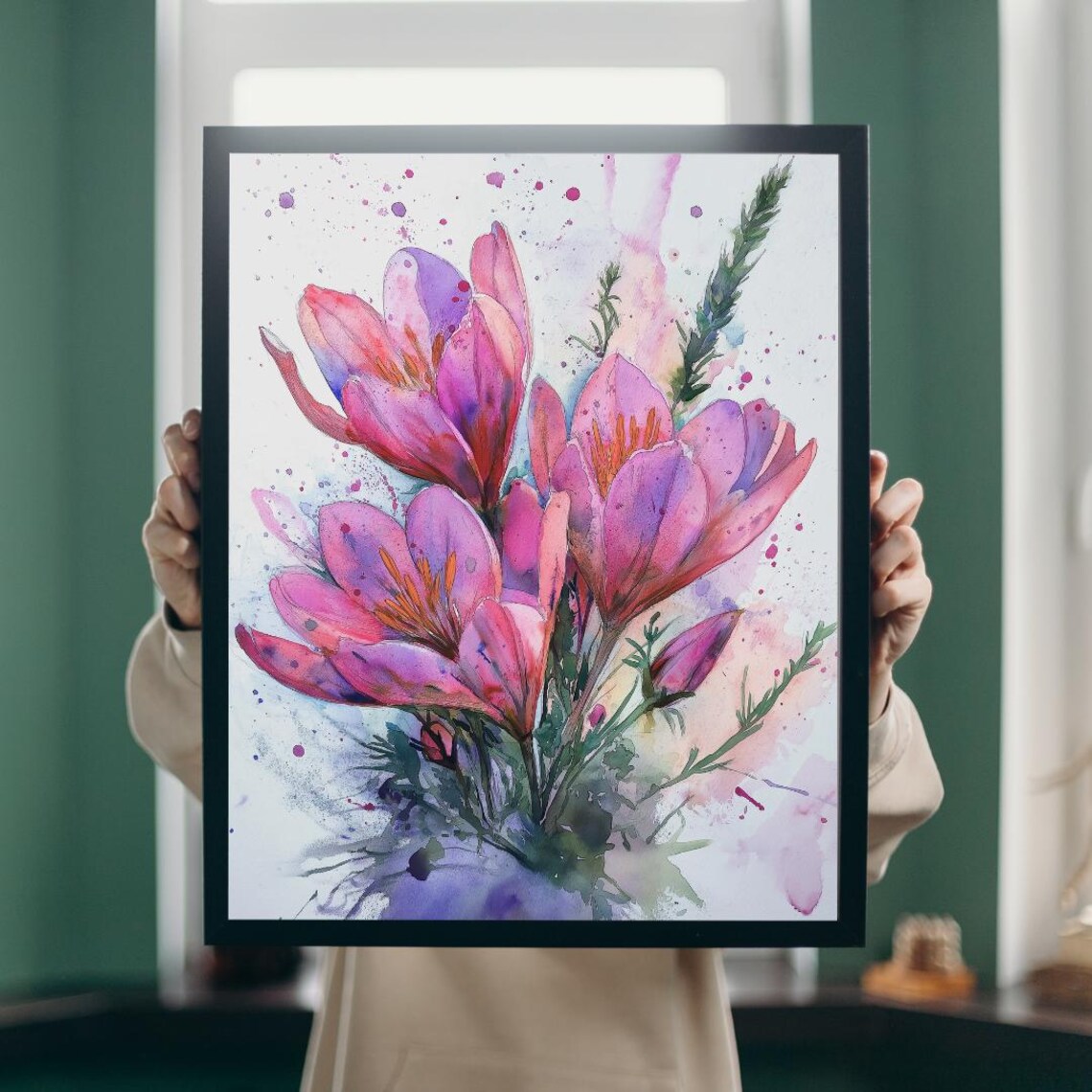 Pink Crocus Flowers Watercolor Splash Botanical Spring Art Poster - Image 5