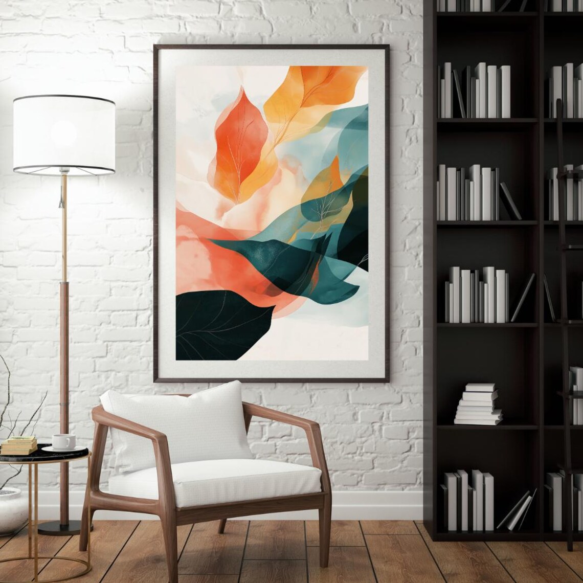 Flowing Coral Teal And Amber Leaves Abstract Watercolor Poster - Image 4