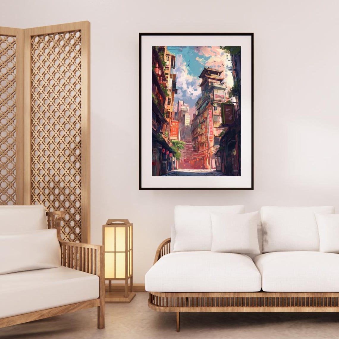 Pagoda Tower Above Bustling Asian City Street Illustration Poster - Image 3