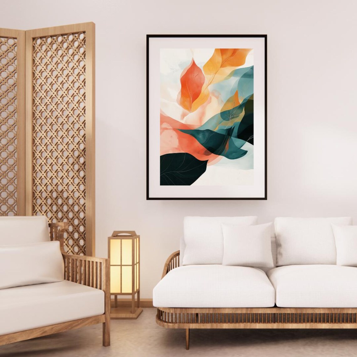 Flowing Coral Teal And Amber Leaves Abstract Watercolor Poster - Image 3