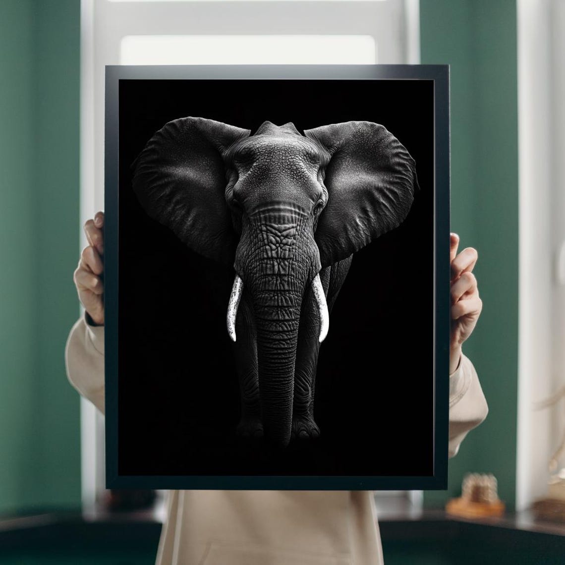 Black and White Elephant Portrait Dramatic Dark Background Poster - Image 5