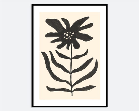 Black Flower Botanical Wall Art Print Hand Drawn Floral Illustration Minimal Monochrome Modern Poster Contemporary Neutral Plant Ma123