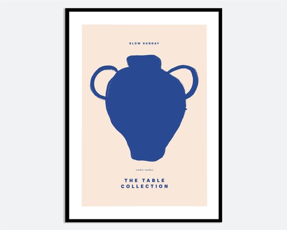 Blue Vase Beige Wall Art Print Contemporary Modern Hand Drawn Illustration Minimal Kitchen Decor Spring Summer Poster Ma34