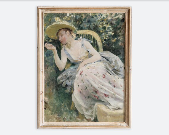 Vintage Woman In White Dress Flower Garden Impressionist Poster