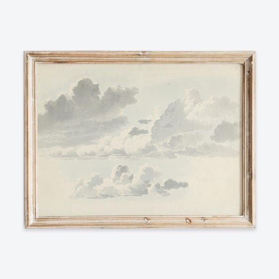 Rustic Vintage European Cloud Study Neutral Sky Oil Painting Wall Art Print Muted Pastel Landscape Poster Antique Moody Farmhouse Vp265