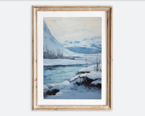 Antique Winter Landscape Poster Snowy Mountain Farmhouse Wall Art European Vintage Print Rustic Muted Oil Painting Vp191
