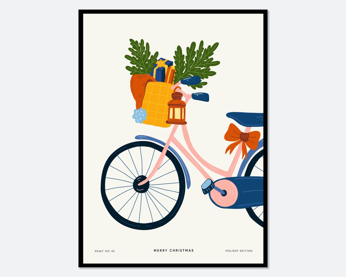 Merry Christmas Bicycle Gifts Basket Retro Holiday Illustration Poster