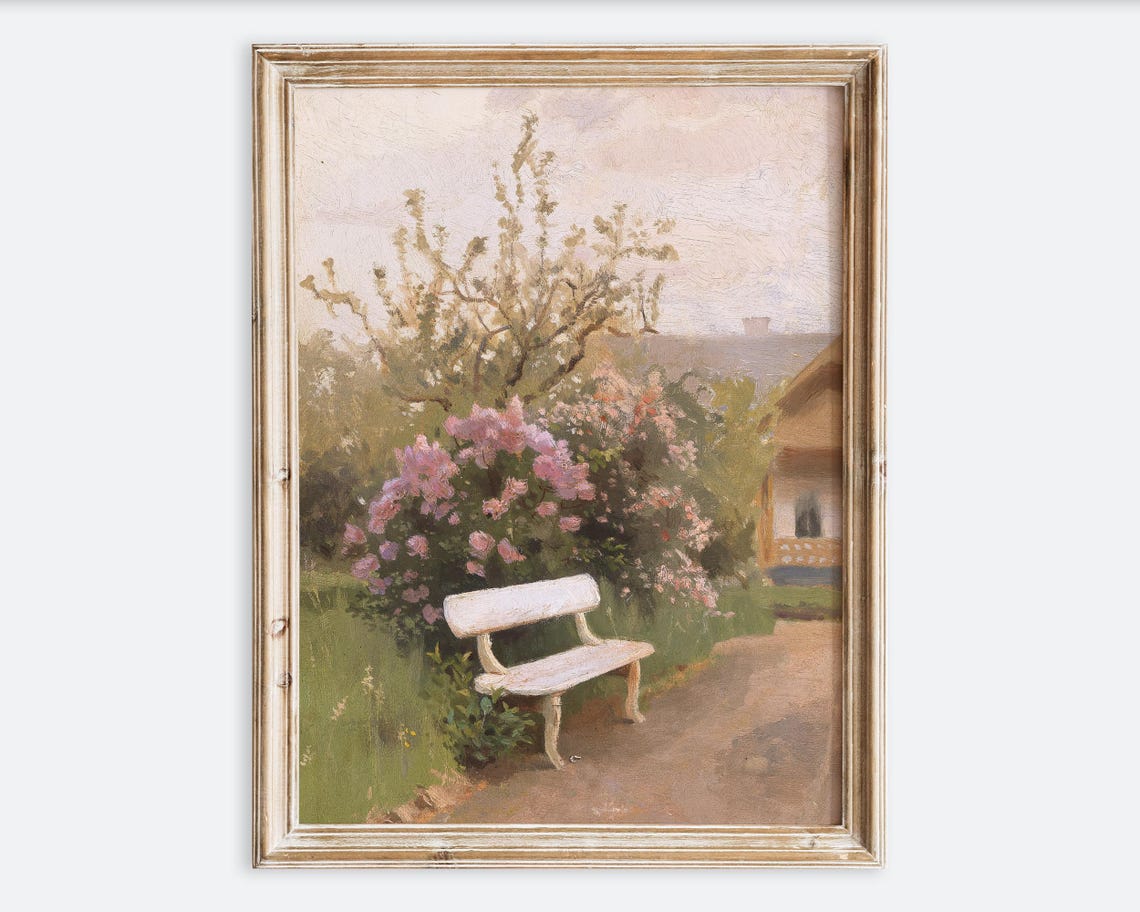 White Garden Bench Pink Lilac Blossom Vintage Oil Painting Poster