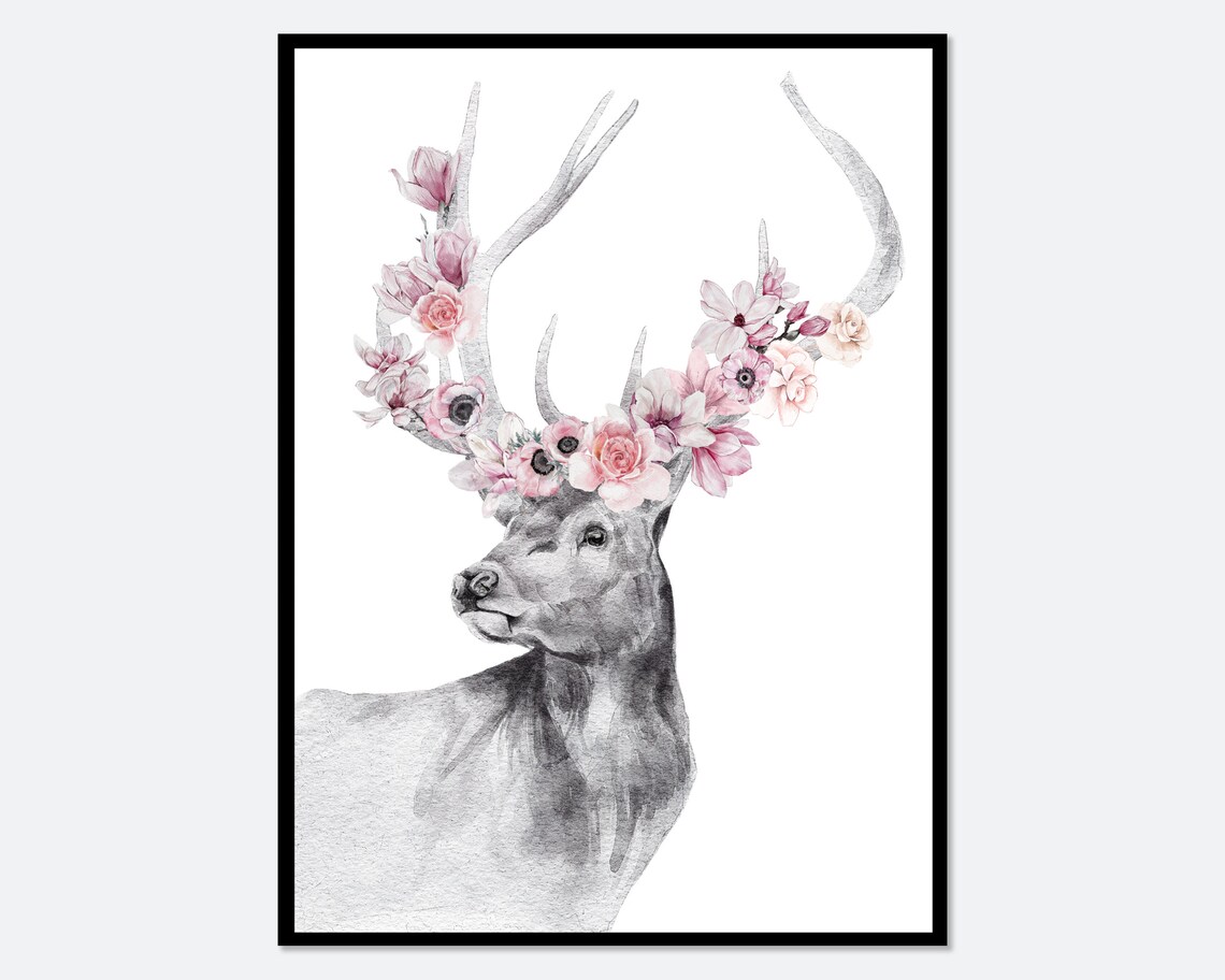 Stag With Flowers Safari Nursery Art Print