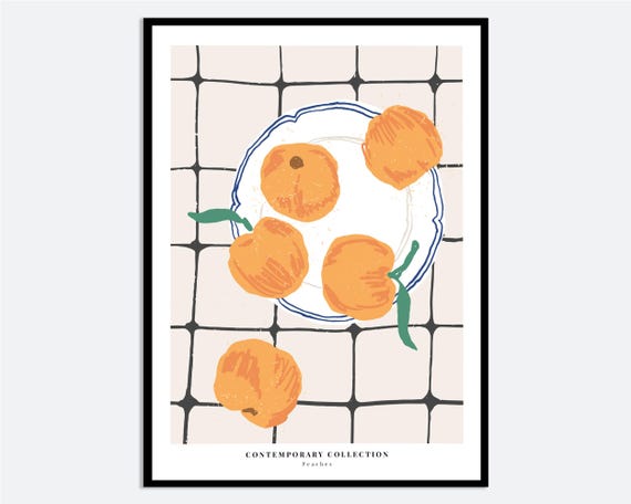 Peaches Fruits Kitchen Wall Art Print Colorful Fruit Market Minimalistic Dining Room Hand Drawn Illustration Ma11