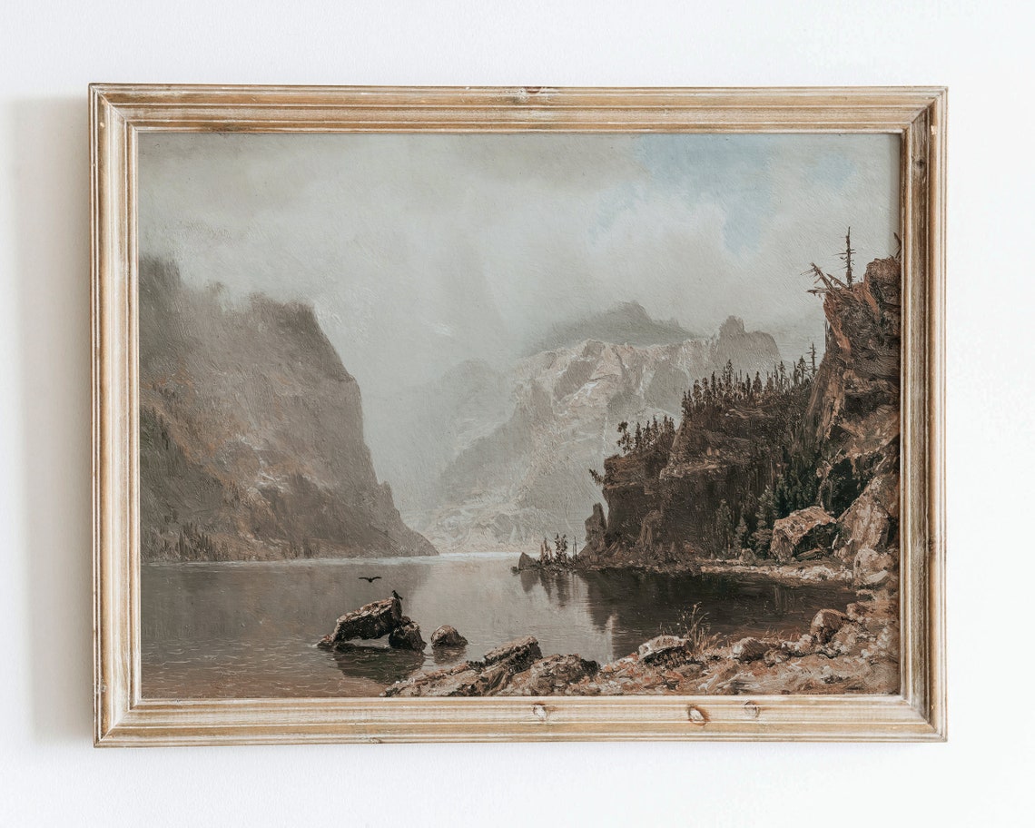 Rustic Vintage European Country Mountain Lake Oil Painting Wall Art Print River Landscape Poster Antique Moody Farmhouse Decor Vp77