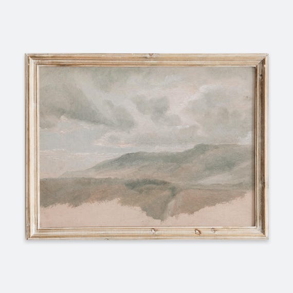 Rustic Vintage European Neutral Cloud Sky Oil Painting Wall Art Print Muted Landscape Poster Country Antique Moody Farmhouse Vp203