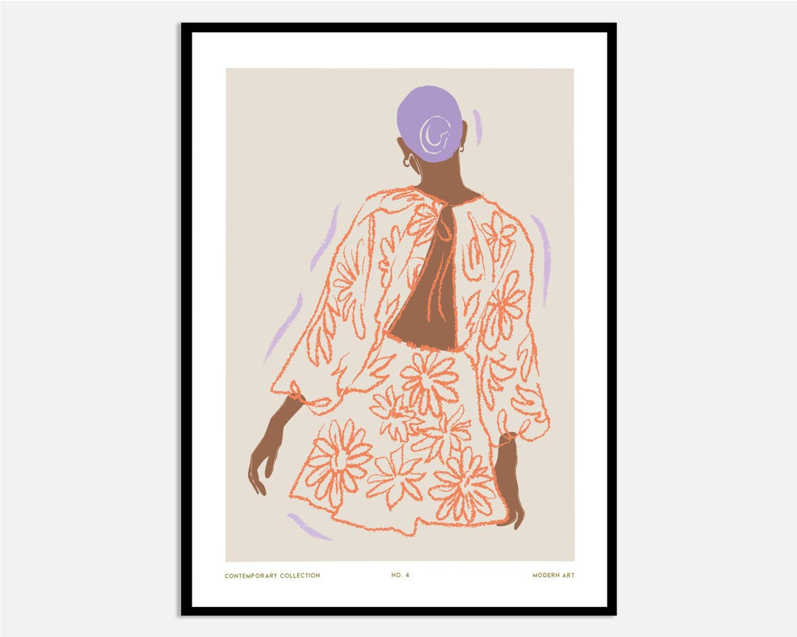 Woman In Orange Floral Dress Wall Art Print Hand Drawn Contemporary Fashion Illustration Modern Girl Bold Abstract Poster Ma139