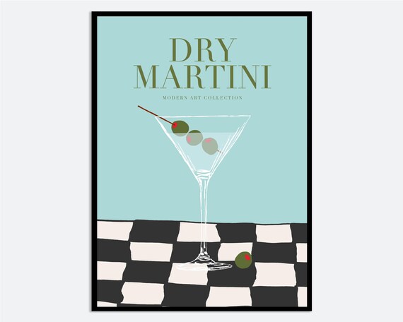 Dry Martini Cocktail Olive Mint Green Checkered Retro Modern Bar Art Poster