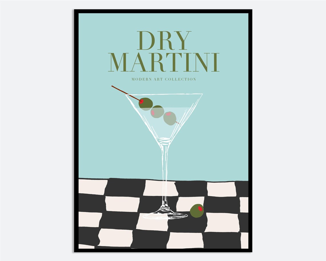 Dry Martini Cocktail Olive Mint Green Checkered Retro Modern Bar Art Poster