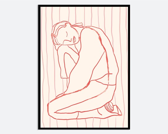 Red Line Drawing of a Girl Sitting Minimalist Figure Art Poster