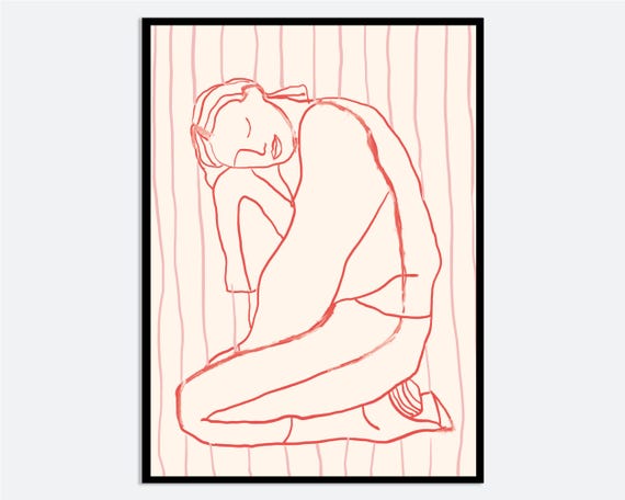 Red Line Drawing Of Girl Sitting Wall Art Print Hand Drawn Spring Summer Illustration Contemporary Modern Figure Poster Ma73