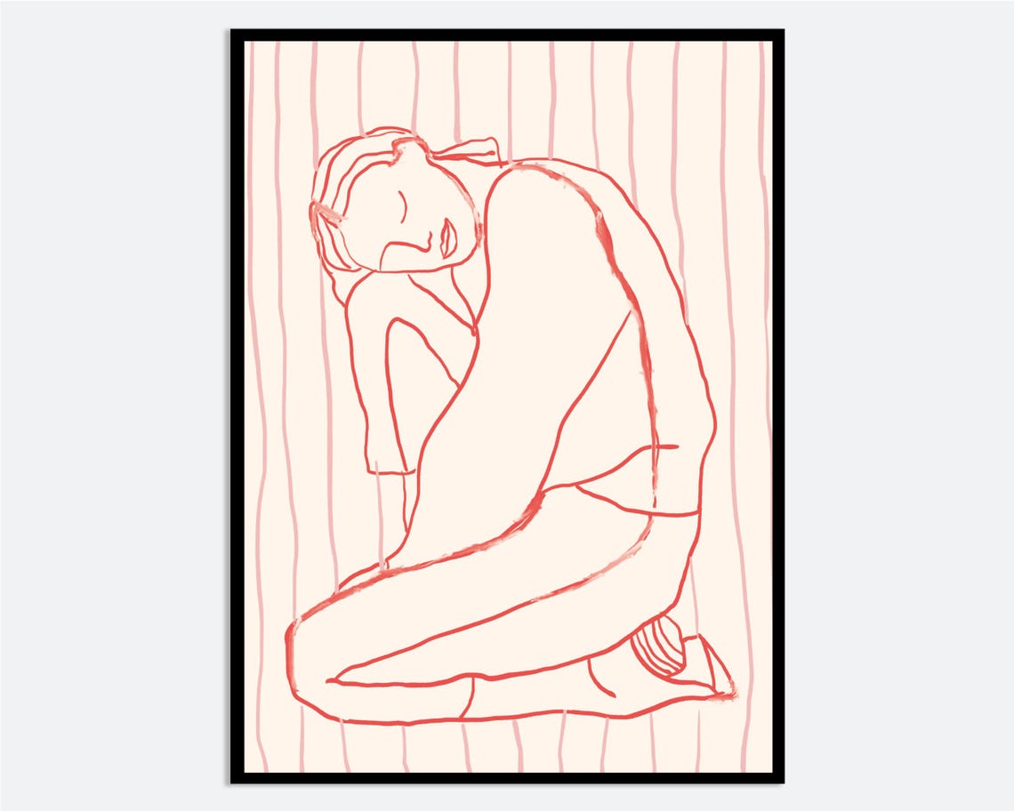Red Line Drawing of a Girl Sitting Minimalist Figure Art Poster