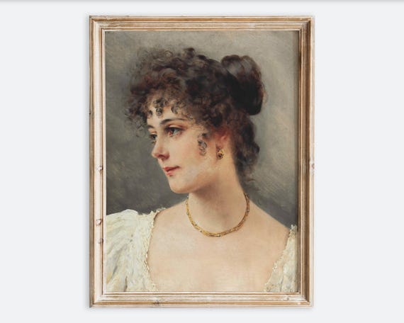 Vintage Rustic Girl In White Dress Headshot Portrait Painting Wall Art Print Antique Woman Poster Moody Neutral Farmhouse Decor Vp346