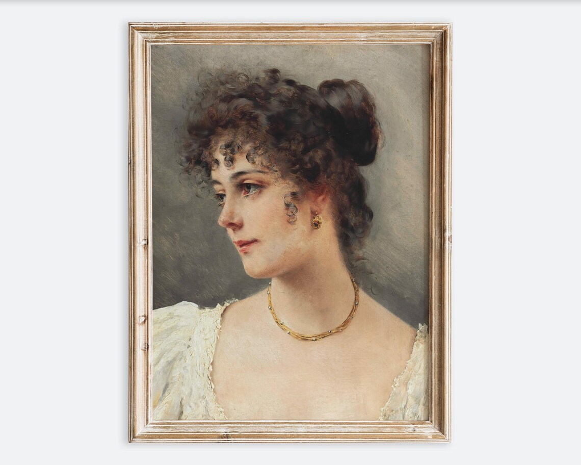 Vintage Woman in White Dress Dark Curls Oil Portrait Painting Poster