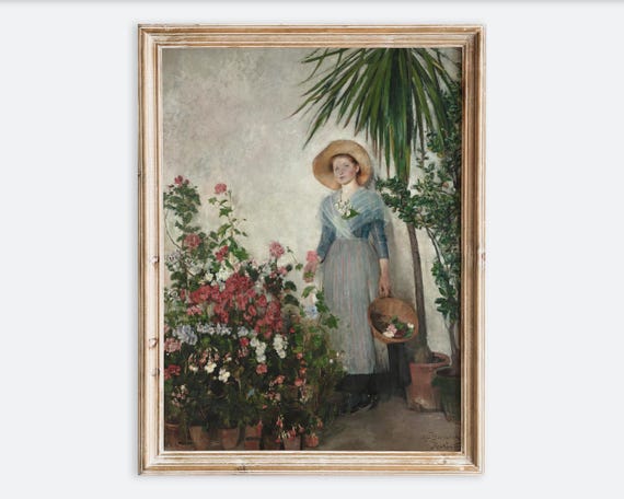 Vintage Girl In Blue Dress Wall Art Print Rustic Antique Garden Portrait Painting Moody Floral Farmhouse Artwork Dark Neutral Decor Vp298