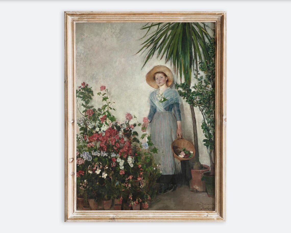 Vintage Girl In Blue Dress Flower Basket Antique Cottagecore Poster