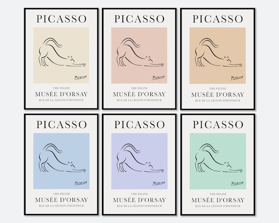Picasso Feline Cat Line Sketch Six Color Gallery Set Art Poster