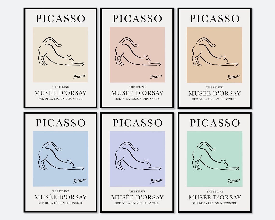 Picasso Feline Cat Line Sketch Six Color Gallery Set Art Poster
