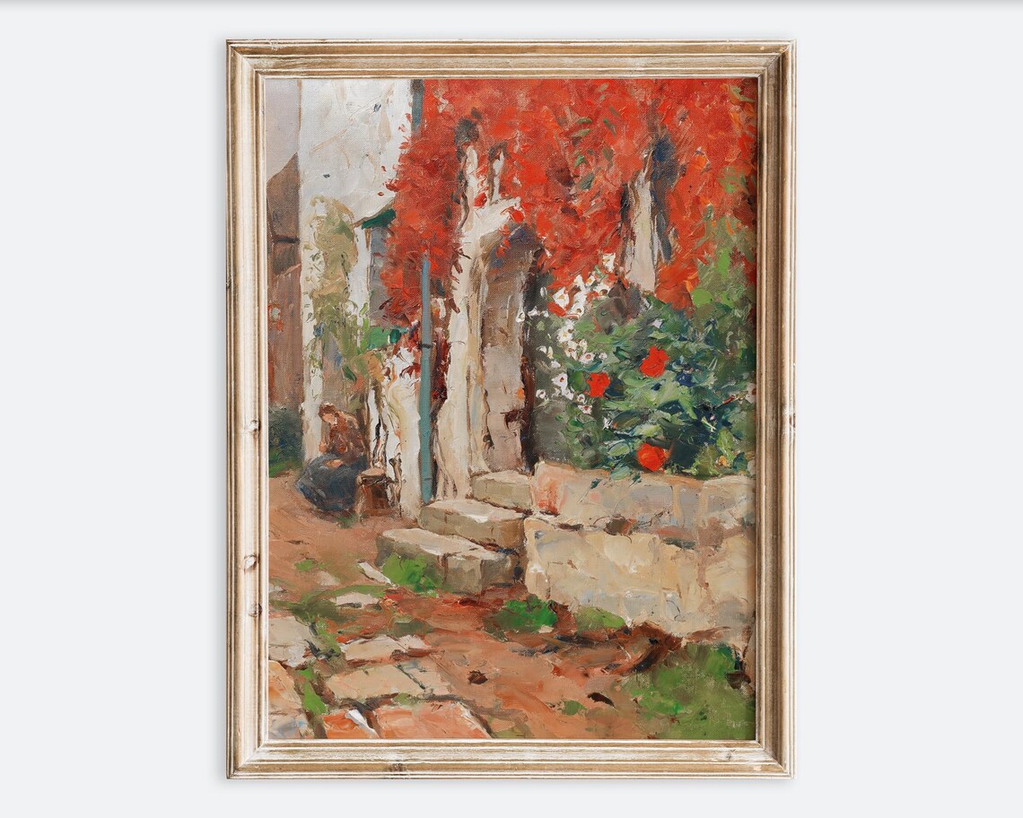 Rustic European Villa Courtyard Red Ivy Autumn Oil Painting Poster