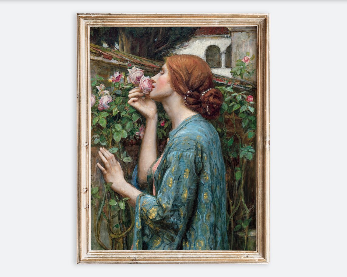 Vintage Girl In Blue With Roses Art Print