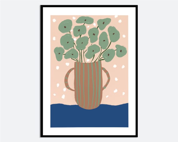 Striped Vase Plant Wall Art Print Contemporary Hand Drawn Green Floral Illustration Pink Blue Spring Summer Modern Poster Ma45