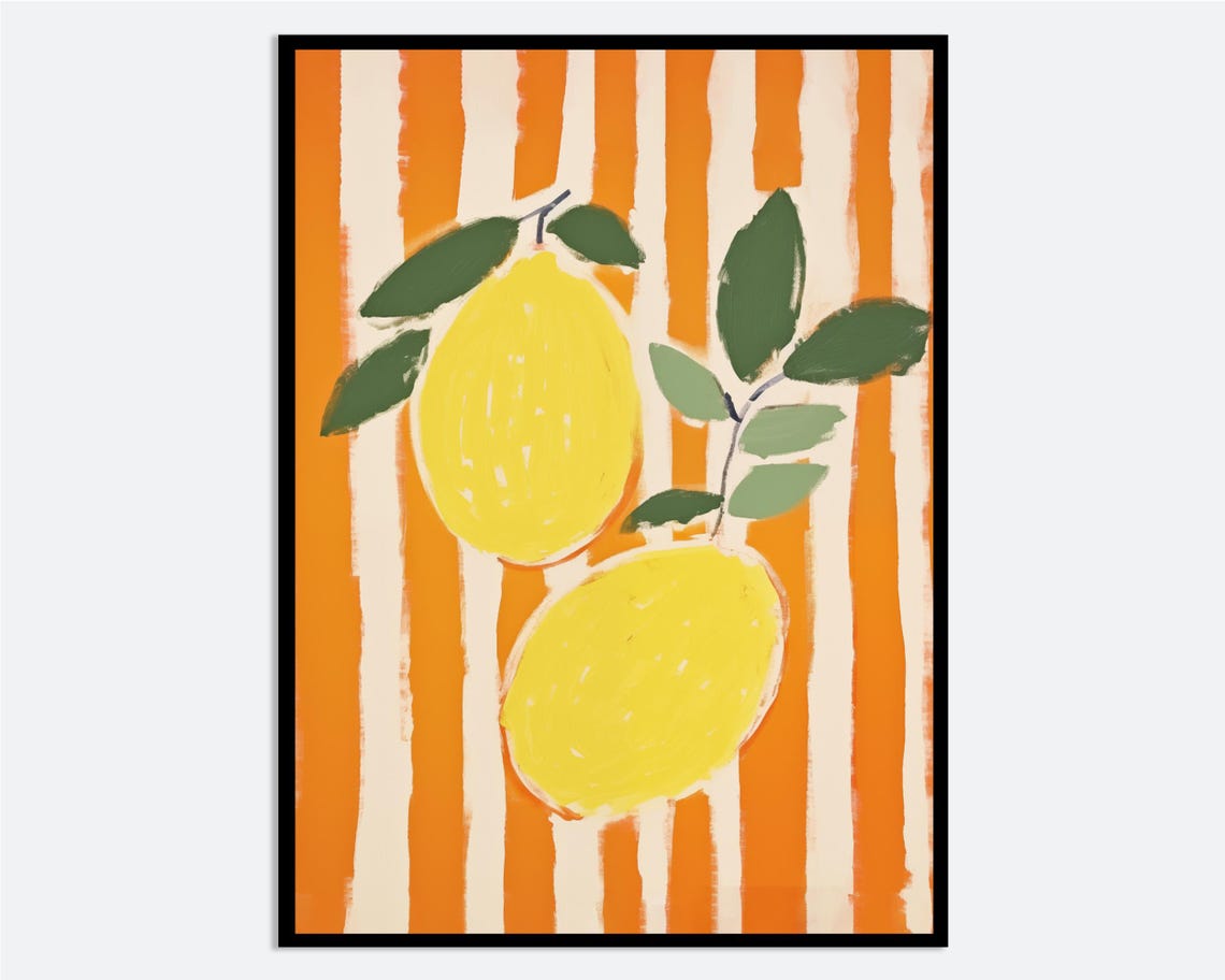 Sunny Hand Painted Lemon Branch Orange Striped Kitchen Poster