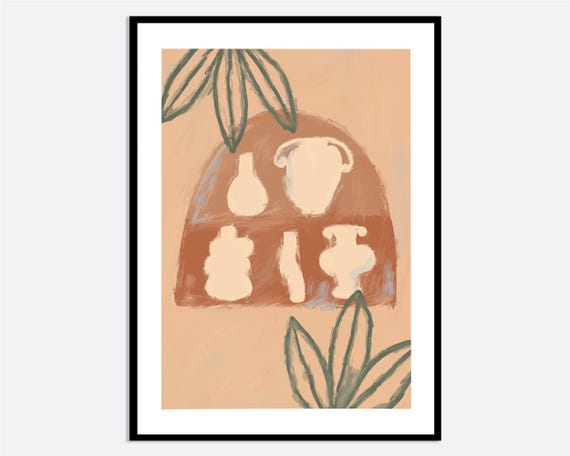 Terracotta Pottery Wall Art Print Hand Drawn Shelf Illustration Modern Vase Silhouette Poster Contemporary Neutral Decor Ma126