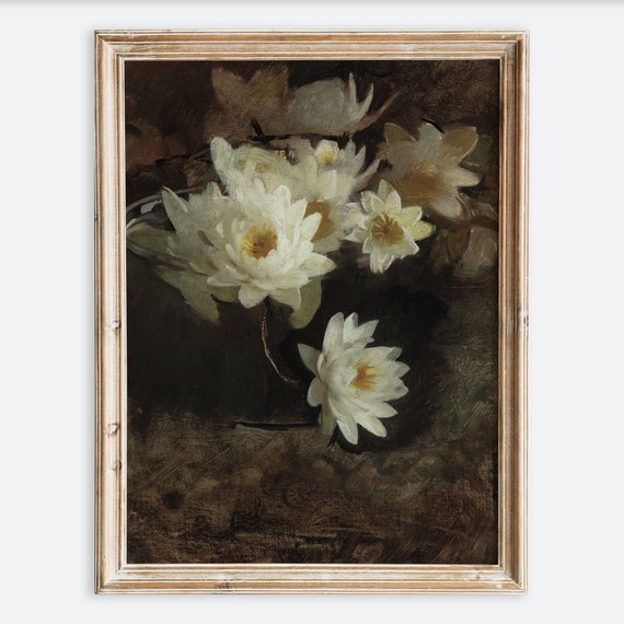 European Vintage Yellow Water Lilies Flowers In Glass Vase Still Life Wall Art Print Rustic Painting Dark Moody Farmhouse Poster Vp135