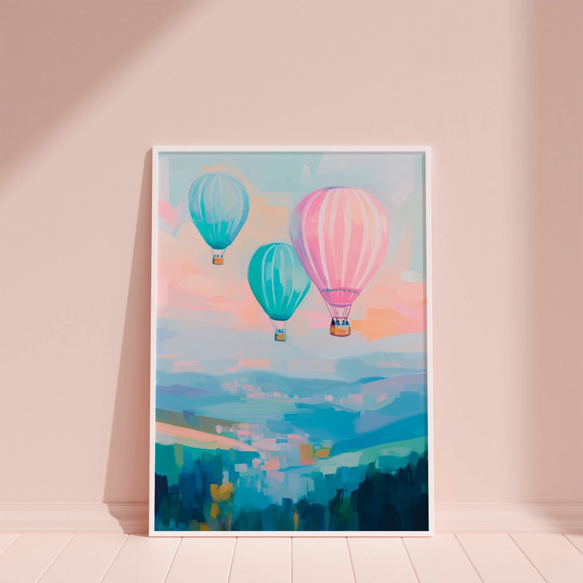 Hot Air Balloons Drifting Over Misty Valley Sunset Pastel Poster - Image 6