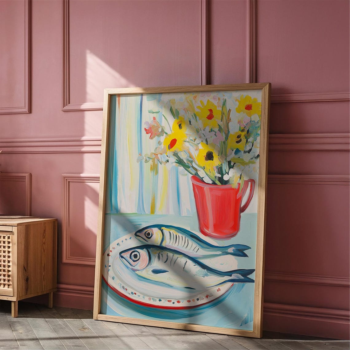 Two Fish on Plate With Wildflowers Coastal Kitchen Still Life Poster - Image 2
